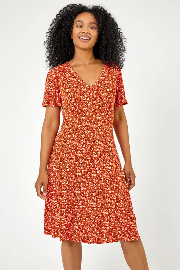 Women Red Petite Floral Print Stretch Jersey Dress Roman Dresses