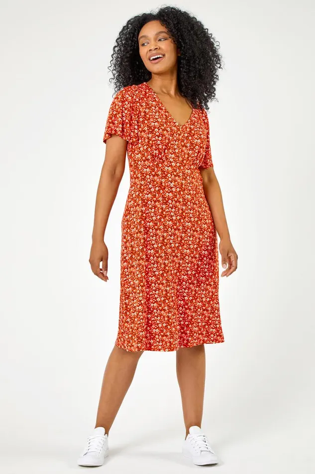 Women Red Petite Floral Print Stretch Jersey Dress Roman Dresses
