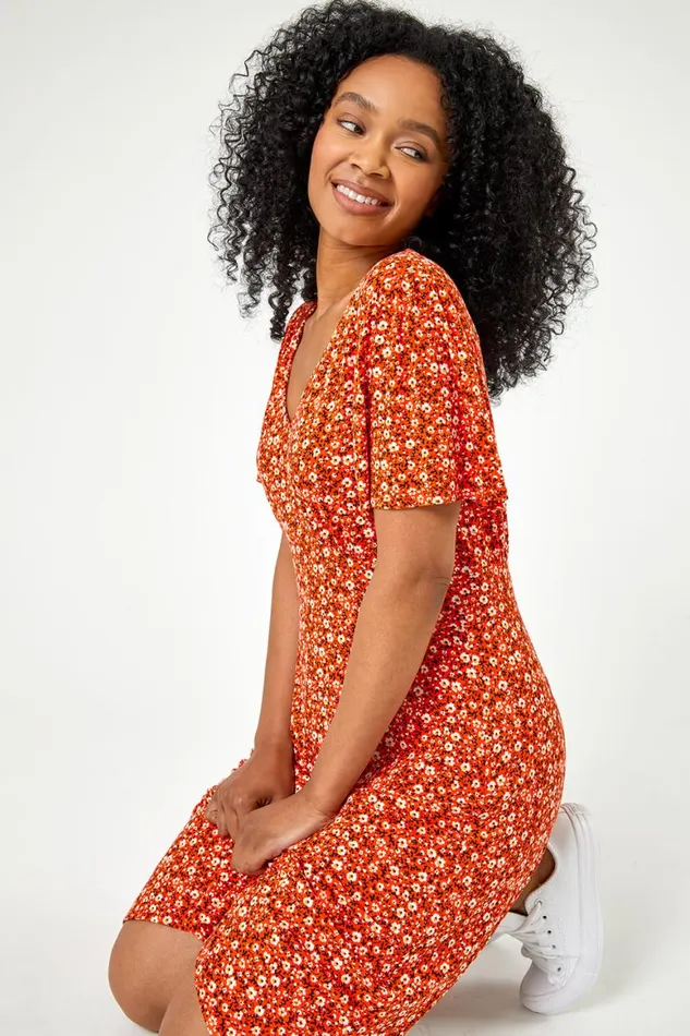 Women Red Petite Floral Print Stretch Jersey Dress Roman Dresses