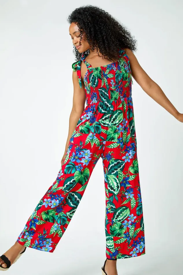 Women Red Petite Tropical Shirred Stretch Jumpsuit Roman Dresses