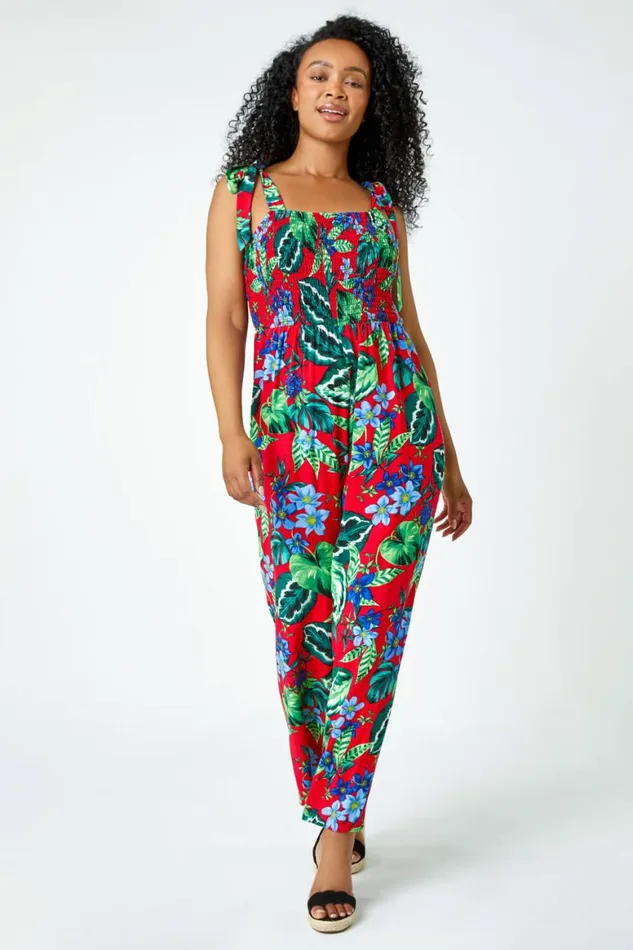 Women Red Petite Tropical Shirred Stretch Jumpsuit Roman Dresses