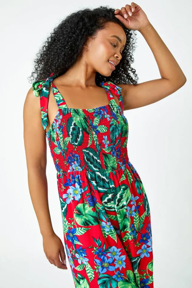 Women Red Petite Tropical Shirred Stretch Jumpsuit Roman Dresses