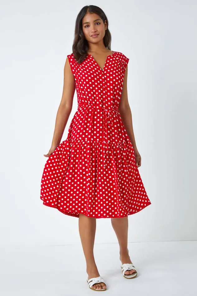 Women Red Polka Dot Print Sleeveless Dress Roman Dresses