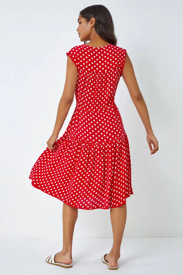 Women Red Polka Dot Print Sleeveless Dress Roman Dresses