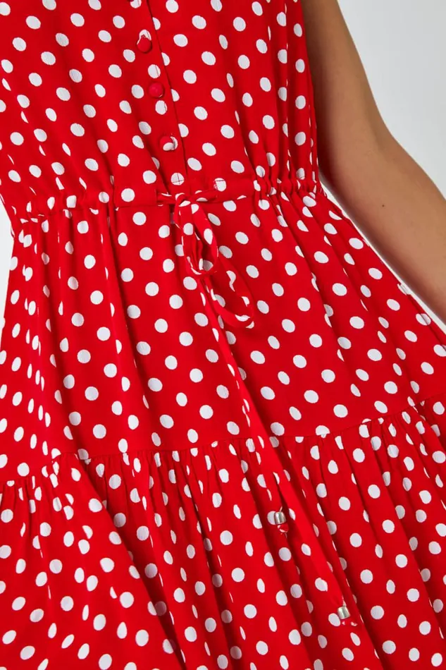 Women Red Polka Dot Print Sleeveless Dress Roman Dresses