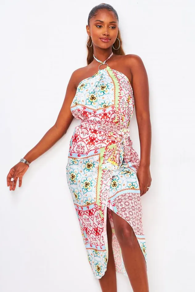 Women Red Print Top Skirt Set Red Brentiny Paris Satin Dresses