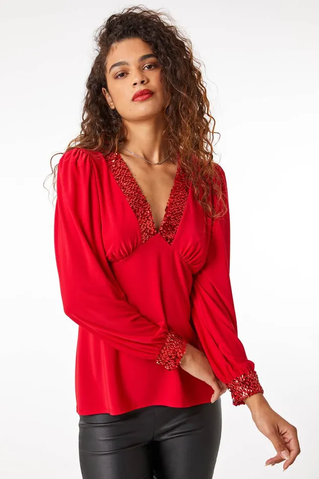 Women Red Sequin Trim VNeck Stretch Top Roman Tops