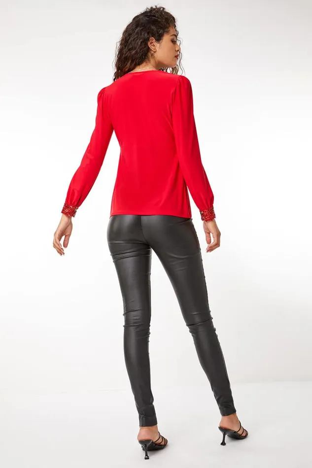 Women Red Sequin Trim VNeck Stretch Top Roman Tops