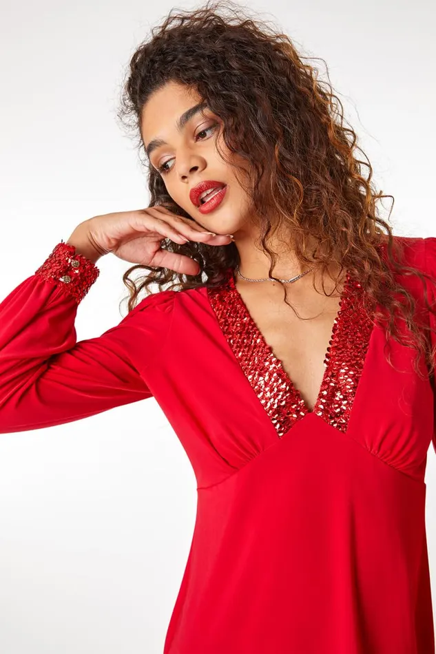 Women Red Sequin Trim VNeck Stretch Top Roman Tops