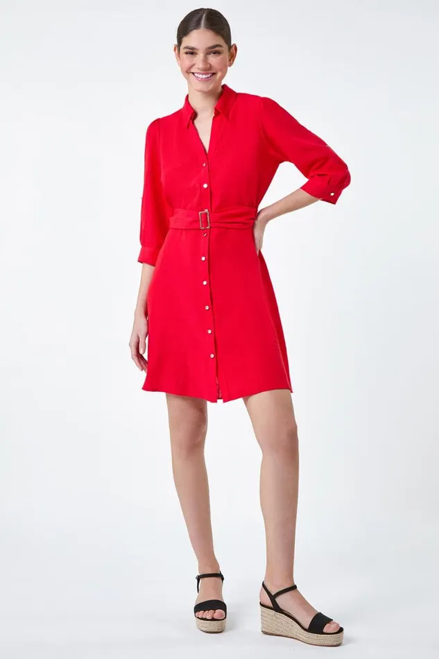 Women Red Short Belted Shirt Dress Roman Dresses