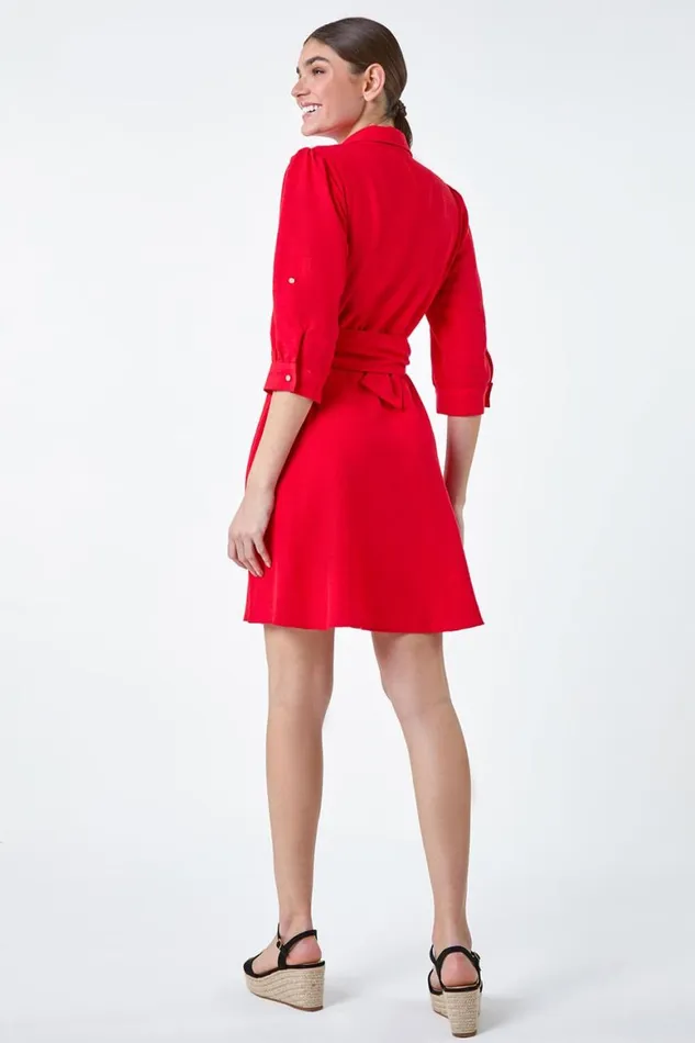 Women Red Short Belted Shirt Dress Roman Dresses