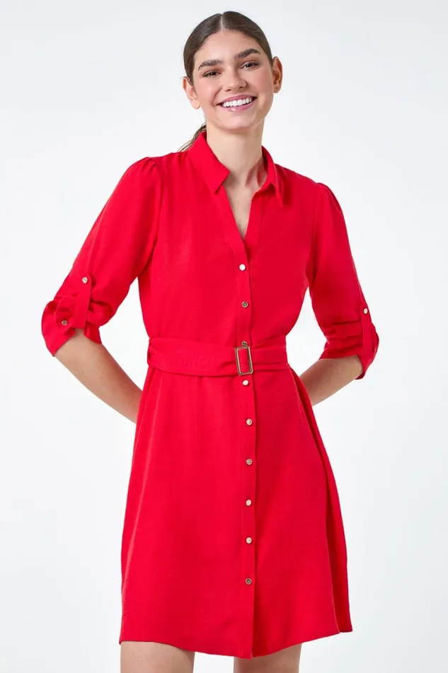 Women Red Short Belted Shirt Dress Roman Dresses