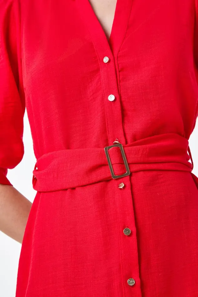 Women Red Short Belted Shirt Dress Roman Dresses