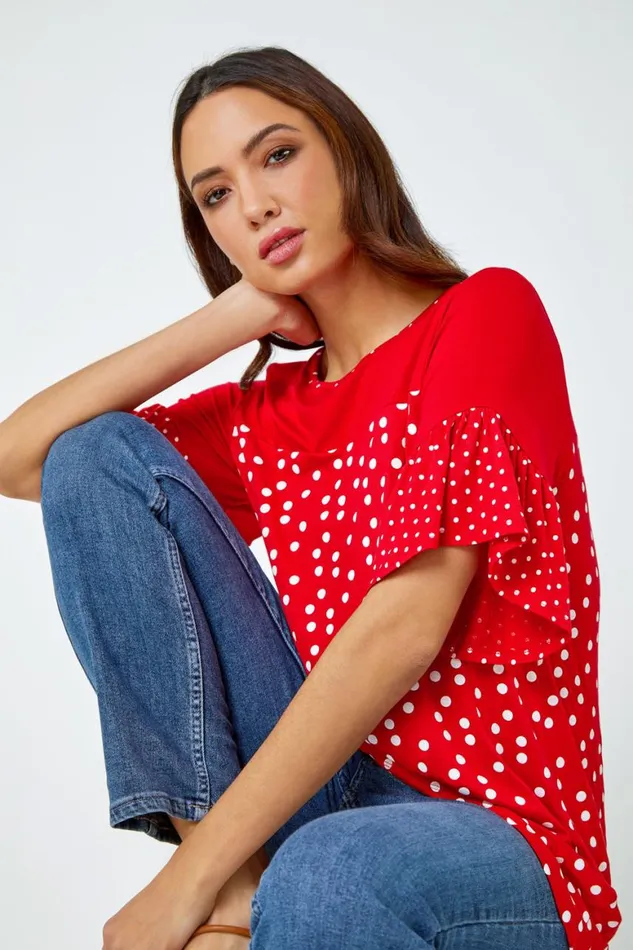 Women Red Spot Print Frill Sleeve Top Roman Tops