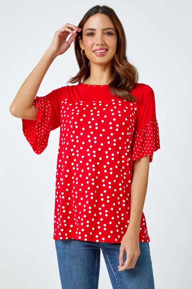 Women Red Spot Print Frill Sleeve Top Roman Tops