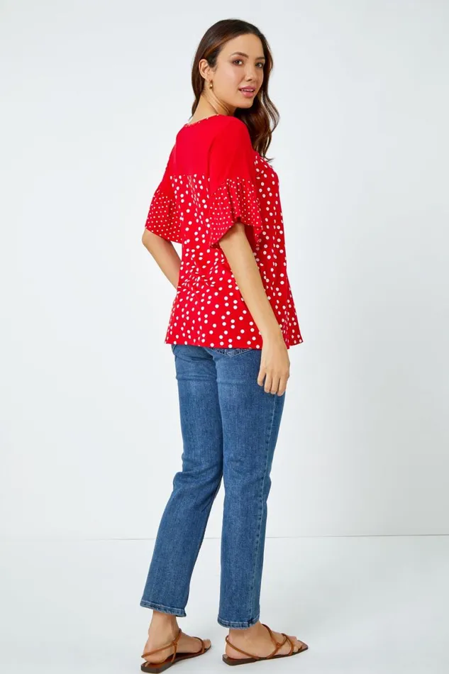 Women Red Spot Print Frill Sleeve Top Roman Tops