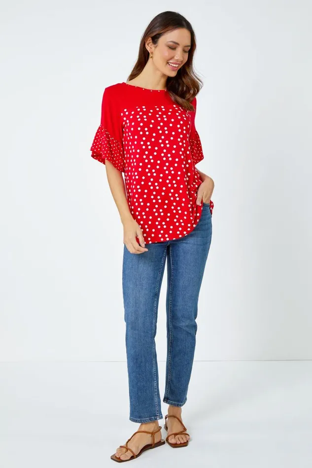 Women Red Spot Print Frill Sleeve Top Roman Tops