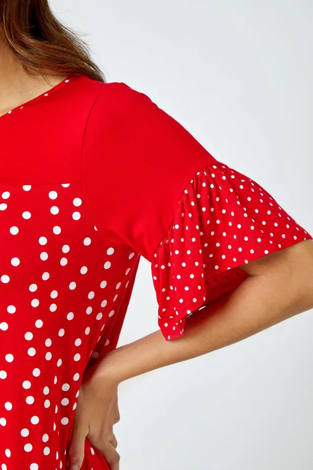 Women Red Spot Print Frill Sleeve Top Roman Tops
