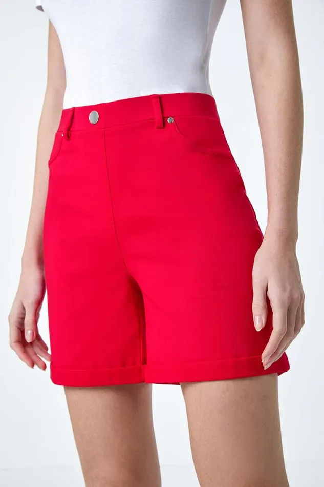 Women Red Stretch Elastic Waist Turn Up Shorts Roman Coords