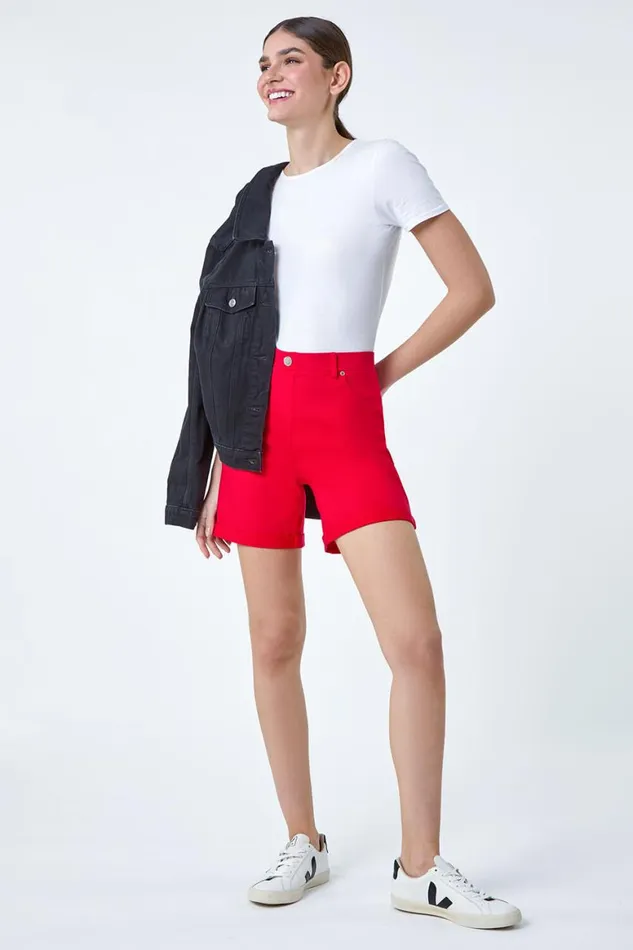 Women Red Stretch Elastic Waist Turn Up Shorts Roman Coords