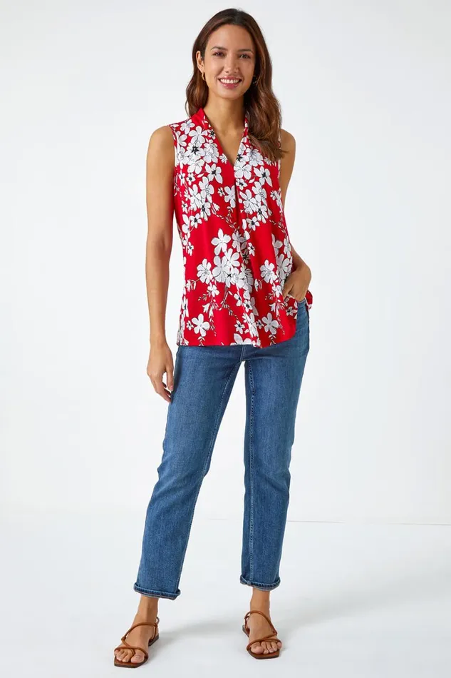 Women Red Textured Floral Print Sleeveless Top Roman Tops