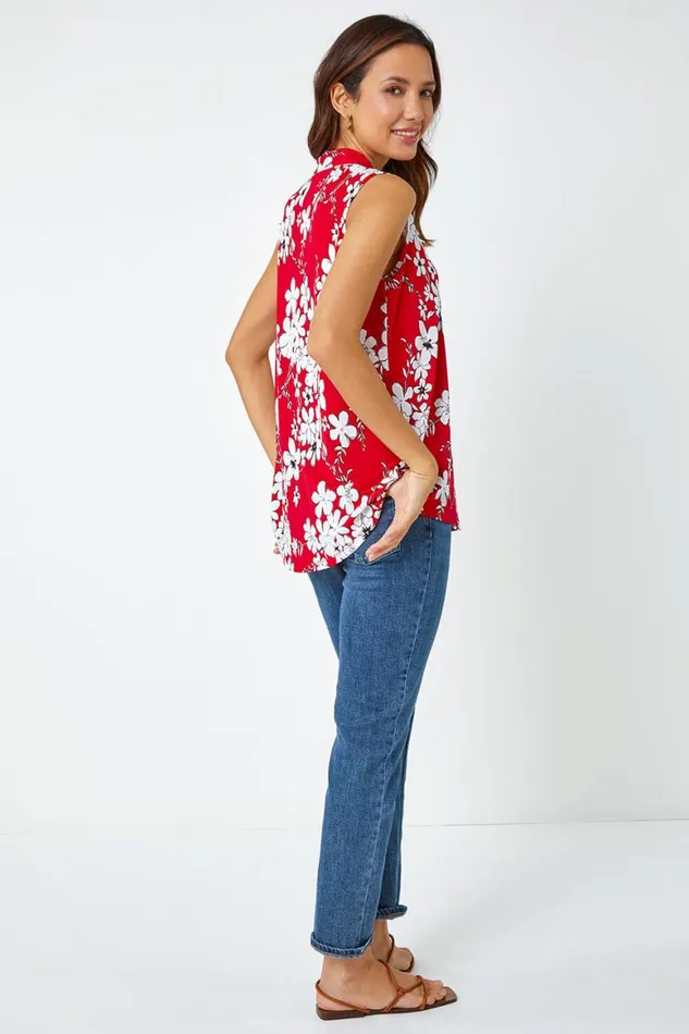 Women Red Textured Floral Print Sleeveless Top Roman Tops