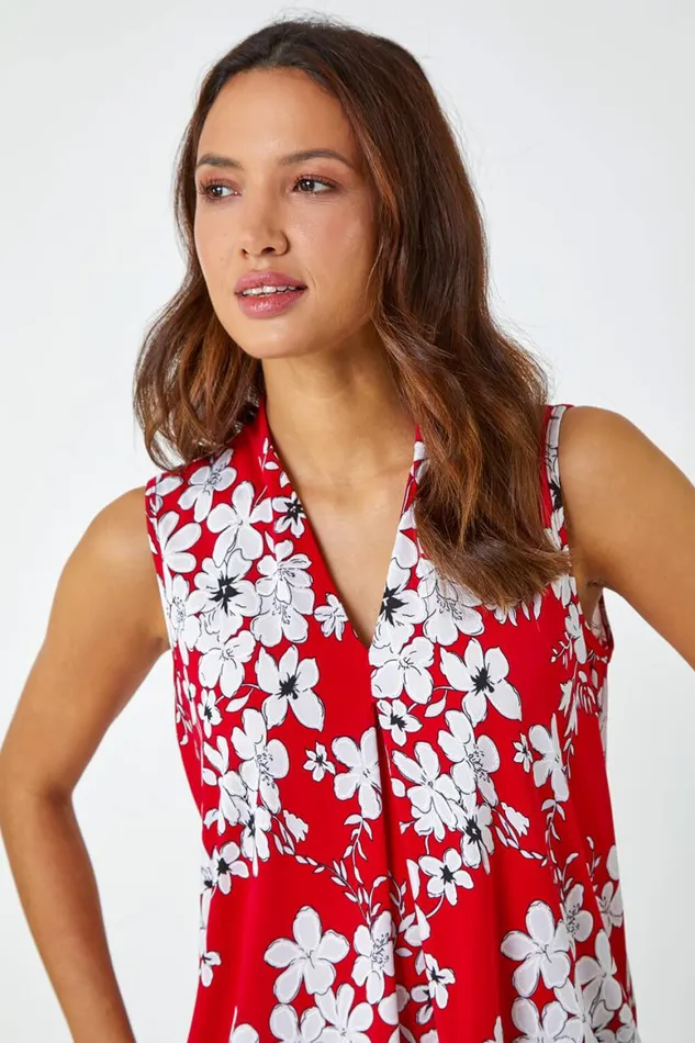 Women Red Textured Floral Print Sleeveless Top Roman Tops