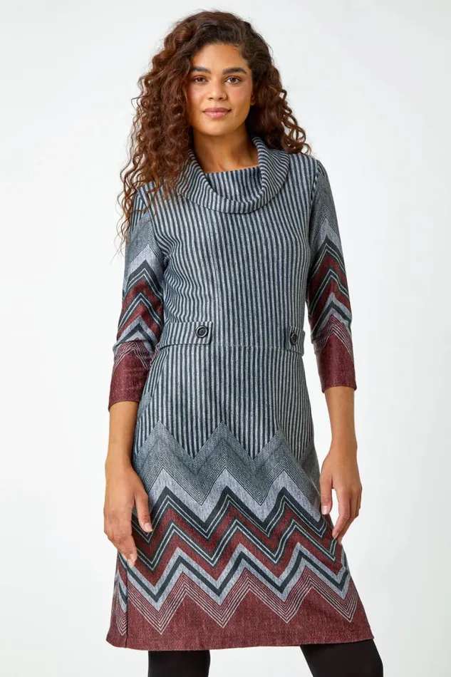 Women Red Zig Zag Border Print Tunic Stretch Dress Roman Dresses