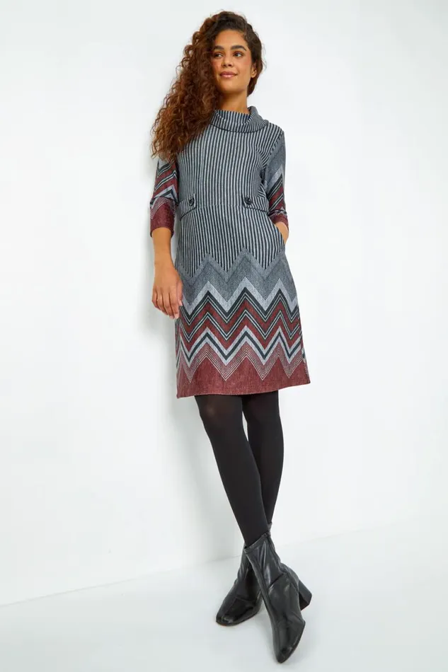 Women Red Zig Zag Border Print Tunic Stretch Dress Roman Dresses