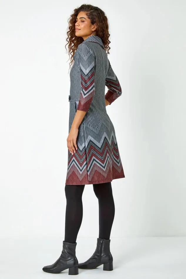 Women Red Zig Zag Border Print Tunic Stretch Dress Roman Dresses