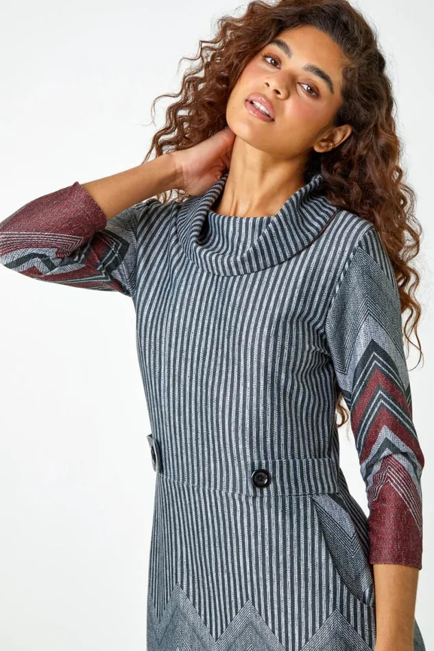 Women Red Zig Zag Border Print Tunic Stretch Dress Roman Dresses