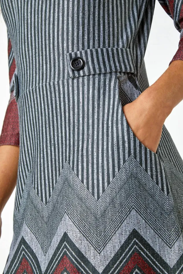 Women Red Zig Zag Border Print Tunic Stretch Dress Roman Dresses