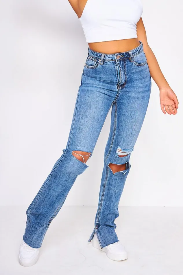 Women Regular Blue Ripped Slit Jeans Blue Brentiny Paris Jeans