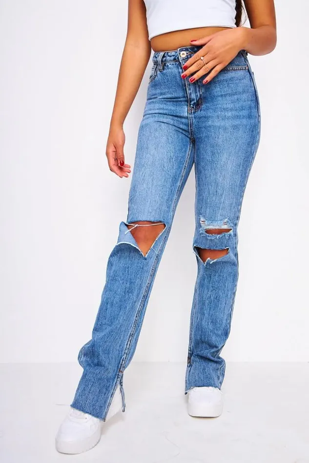Women Regular Blue Ripped Slit Jeans Blue Brentiny Paris Jeans