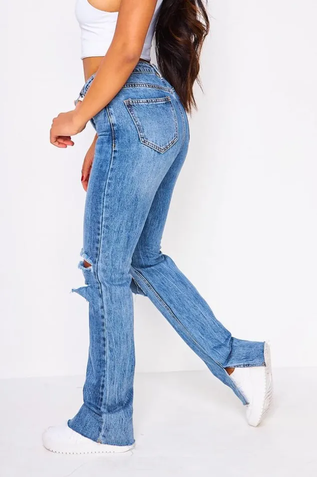 Women Regular Blue Ripped Slit Jeans Blue Brentiny Paris Jeans