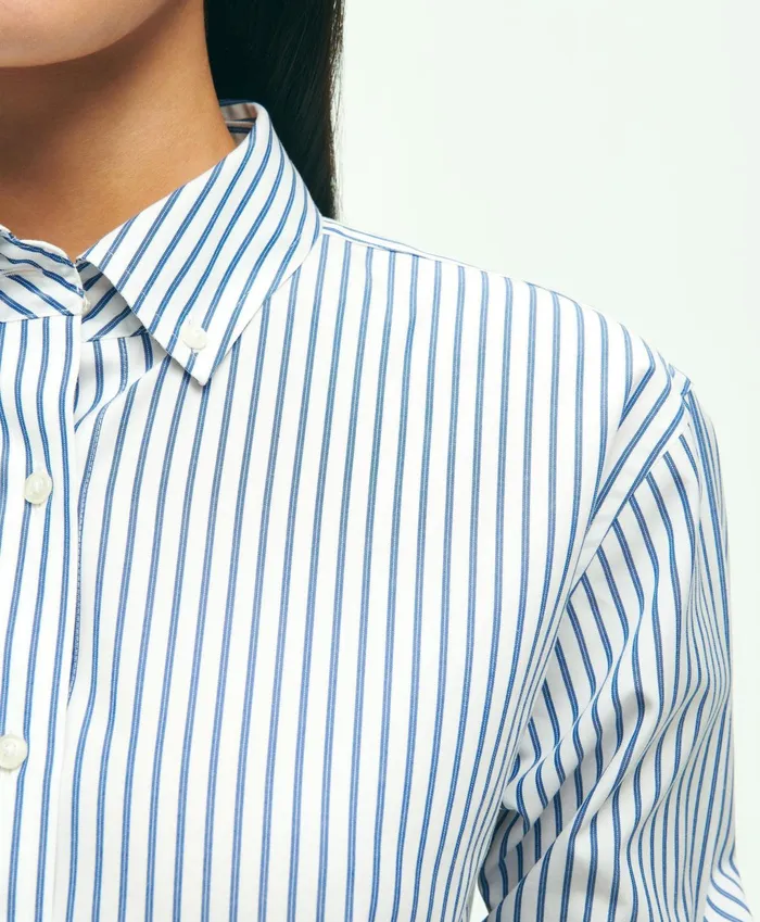 Women Relaxed Fit Stretch Supima Cotton NonIron Striped Dress Shirt Navywhite Brooks Brothers Blouses and Shirts