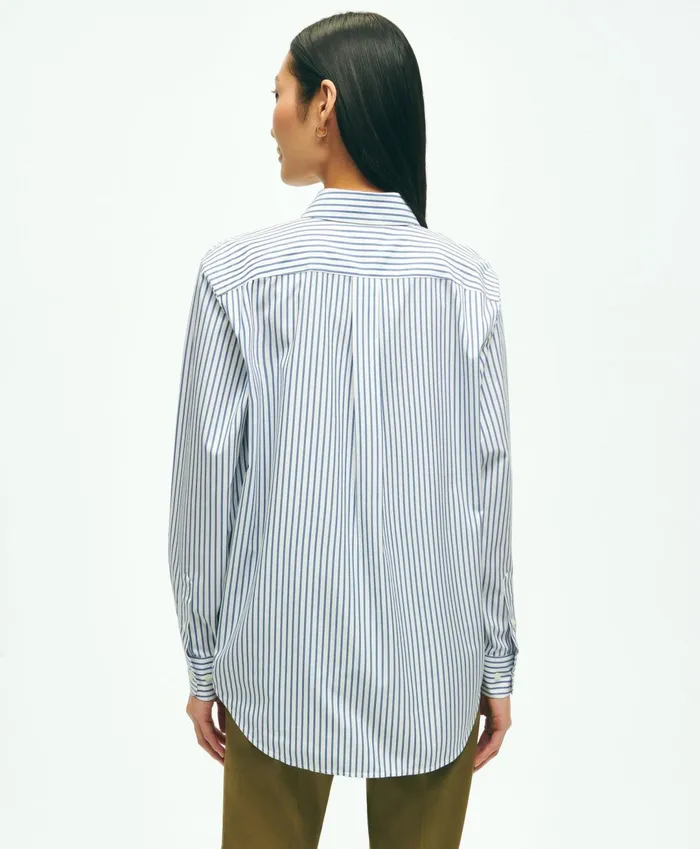 Women Relaxed Fit Stretch Supima Cotton NonIron Striped Dress Shirt Navywhite Brooks Brothers Blouses and Shirts