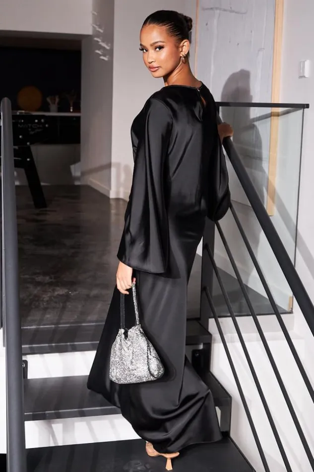 Women Robe Ample Satine Noire Black Brentiny Paris Ceremonial Outfits