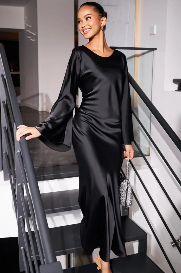 Women Robe Ample Satine Noire Black Brentiny Paris Ceremonial Outfits