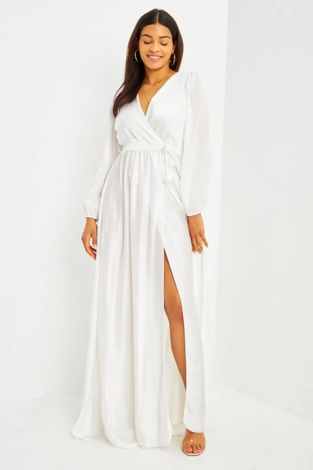 Women Robe Longue Blanche Satine Ceinture White Brentiny Paris Ceremonial Outfits
