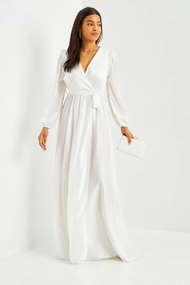 Women Robe Longue Blanche Satine Ceinture White Brentiny Paris Ceremonial Outfits