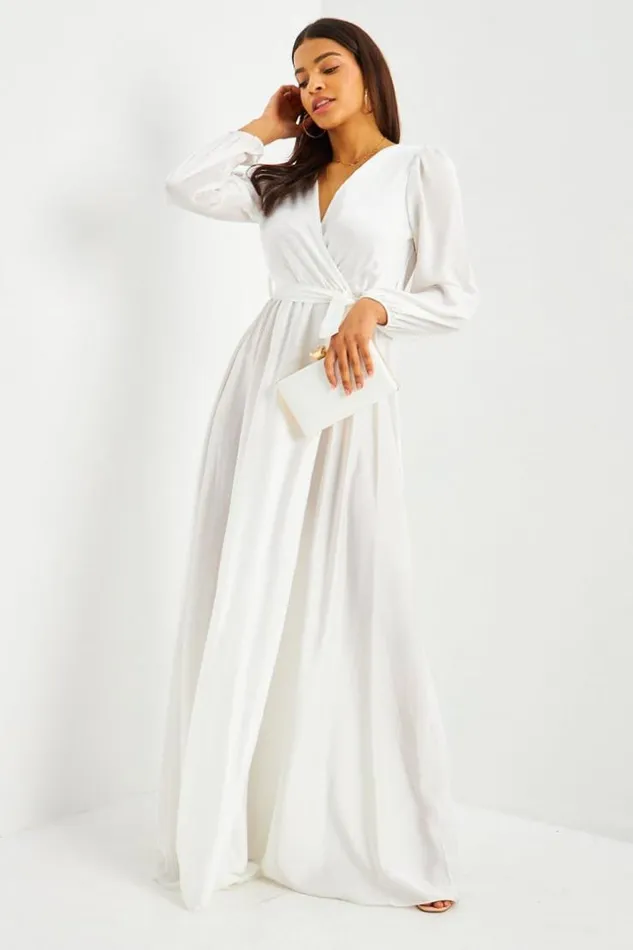 Women Robe Longue Blanche Satine Ceinture White Brentiny Paris Ceremonial Outfits