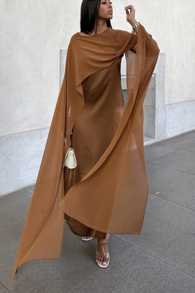 Women Robe Marron Ample Satine Empicement Voile Brown Brentiny Paris Ceremonial Outfits