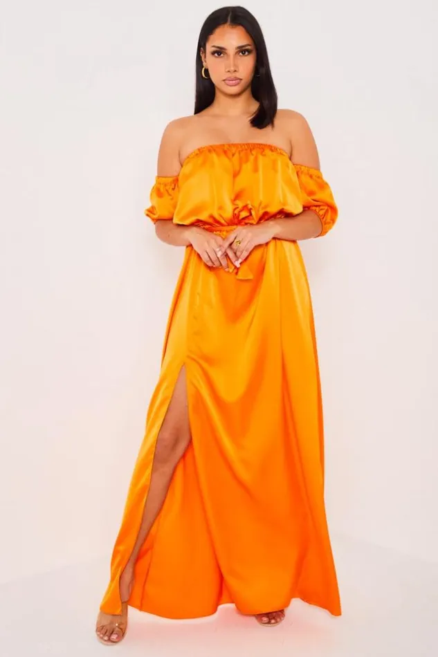 Women Robe Orange Satine Col Bardot Orange Brentiny Paris Short Dresses