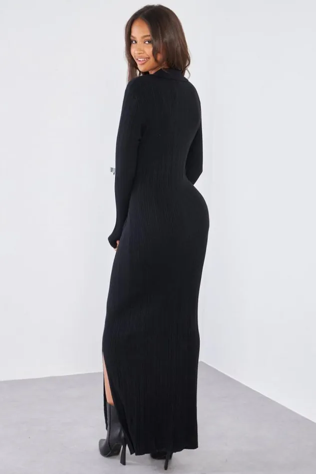 Women Robe Pull Noire Col Rabats Texture Black Brentiny Paris Short Dresses