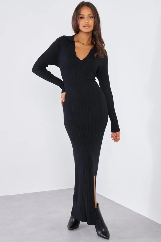 Women Robe Pull Noire Col Rabats Texture Black Brentiny Paris Short Dresses