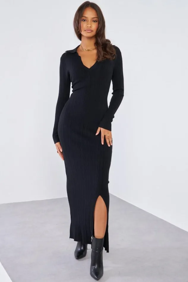 Women Robe Pull Noire Col Rabats Texture Black Brentiny Paris Short Dresses