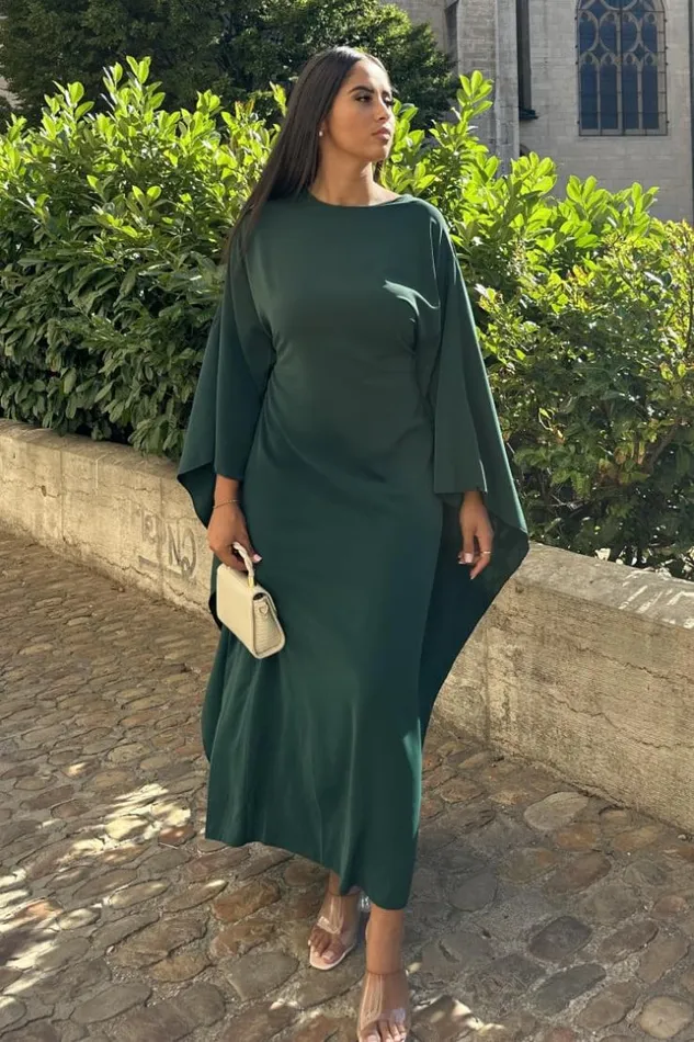 Women Robe Vert Fonc Ceinture Empicement Cape Brentiny Paris Short Dresses