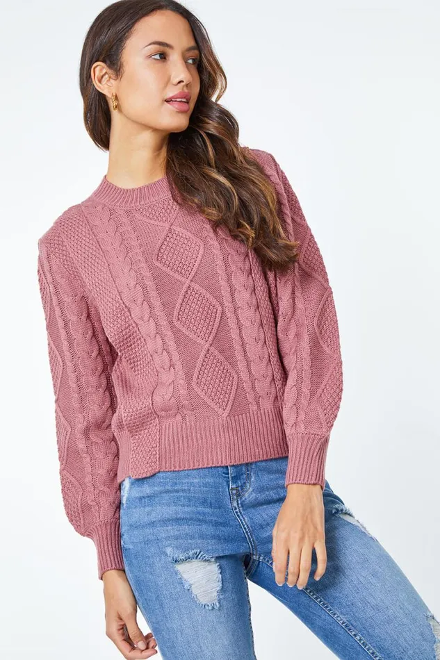 Women Rose Crew Neck Cable Knit Jumper Roman Tops