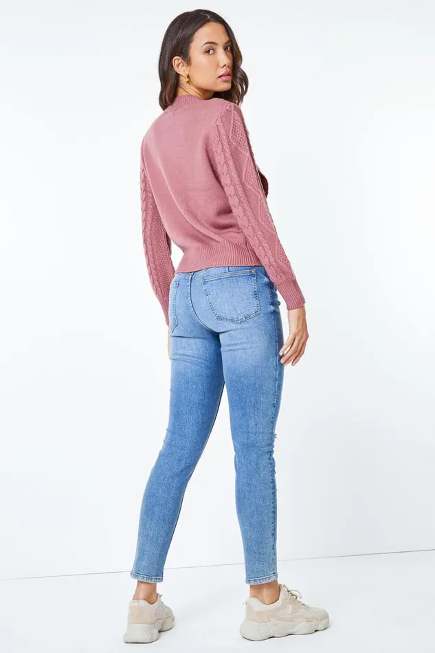 Women Rose Crew Neck Cable Knit Jumper Roman Tops